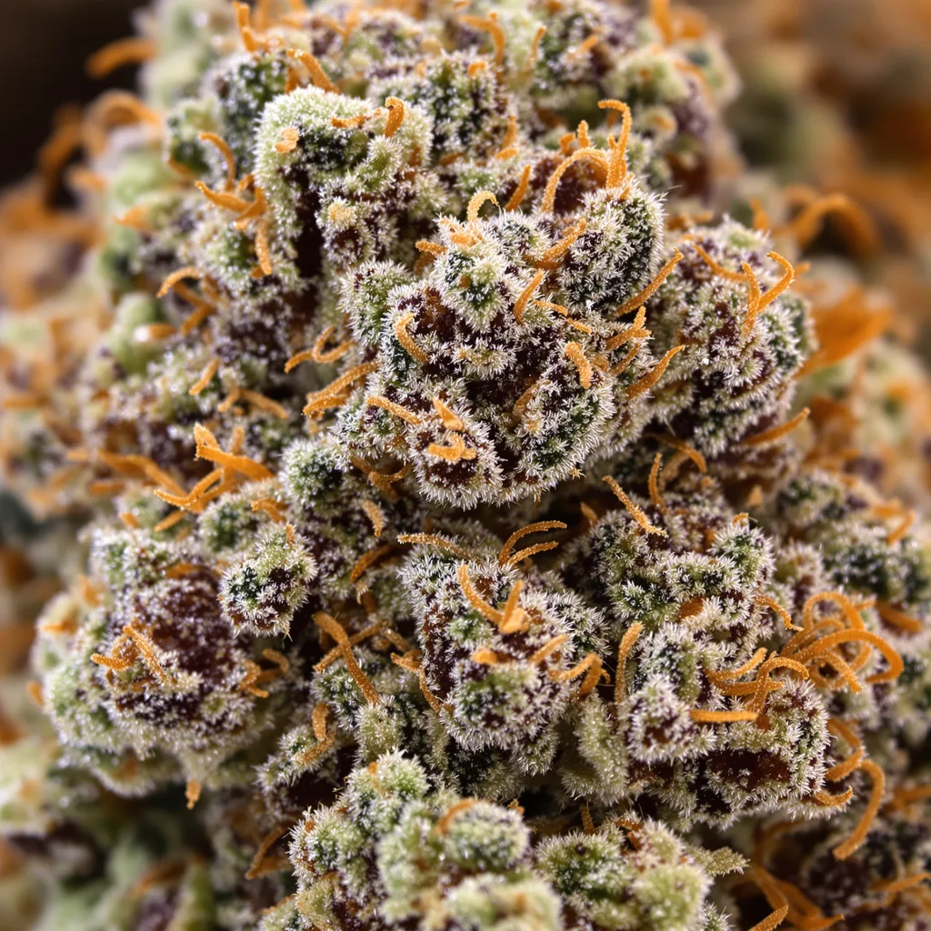 Gros plan de fleur de cannabis Killer montrant calices denses aux reflets violets