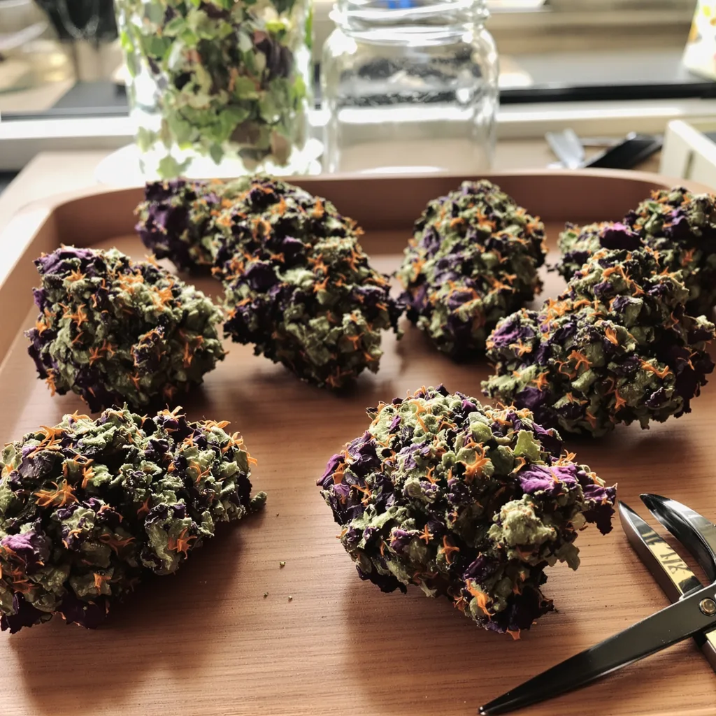 Killer Grape 86% indica / 14% sativa — fleur avec trichomes visibles