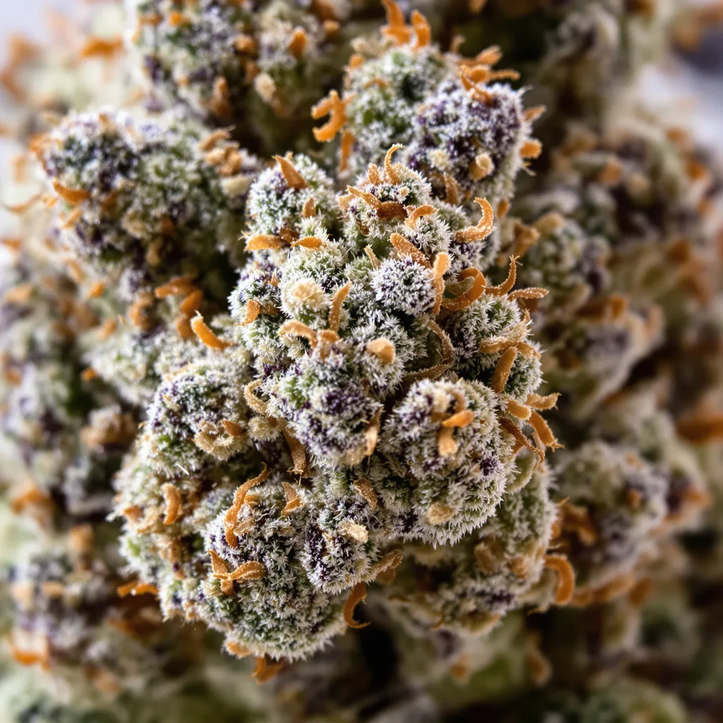 Gros plan de fleur de cannabis Killer Grape montrant calices denses aux reflets violets