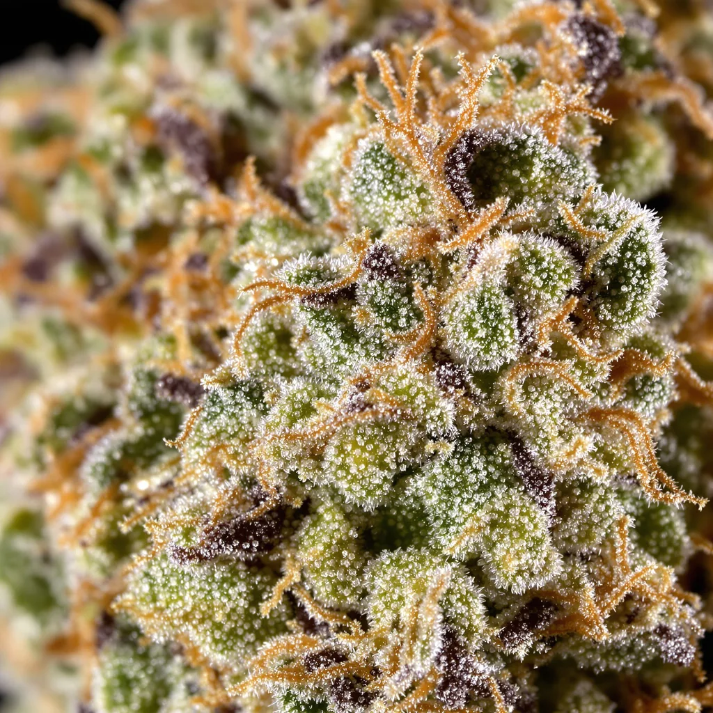 Gros plan de fleur de cannabis Killer Queen montrant structure équilibrée avec trichomes givrés