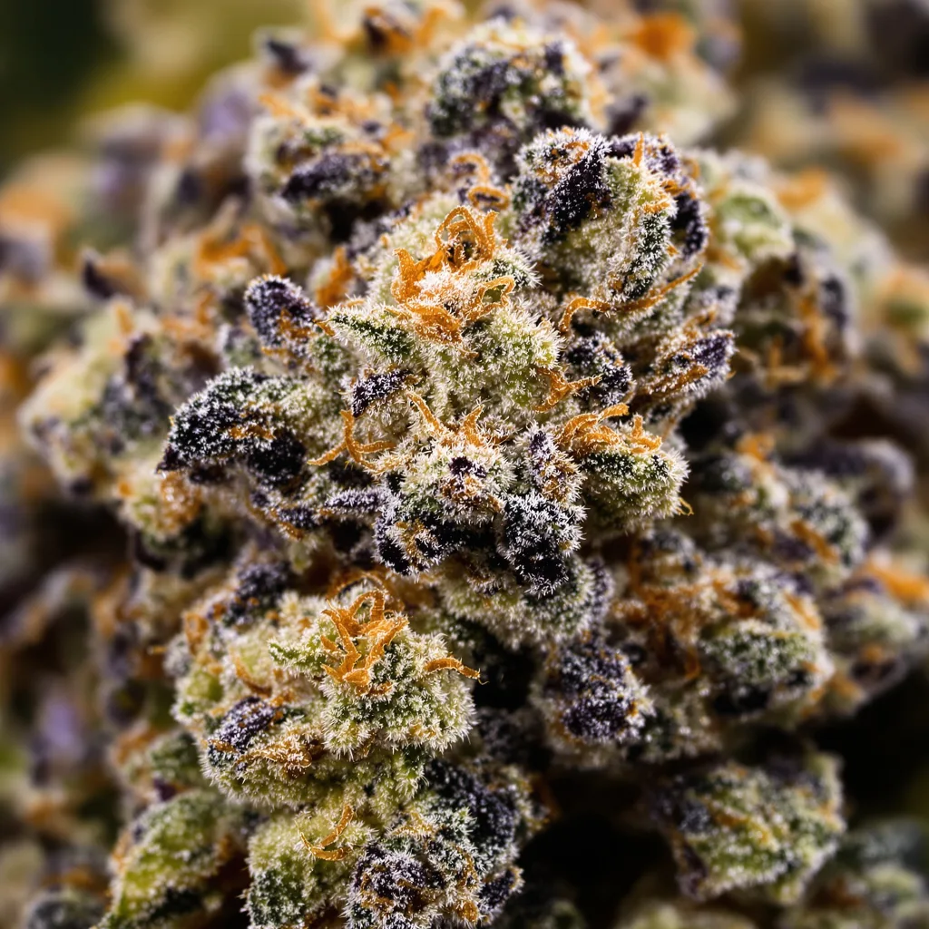 Gros plan de fleur de cannabis Kimbo Kush montrant calices denses aux reflets violets