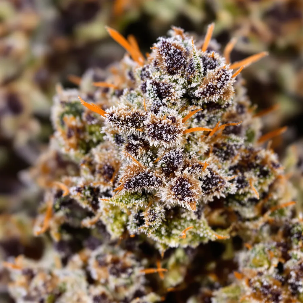 Gros plan de fleur de cannabis King Louis XIII montrant calices denses aux reflets violets