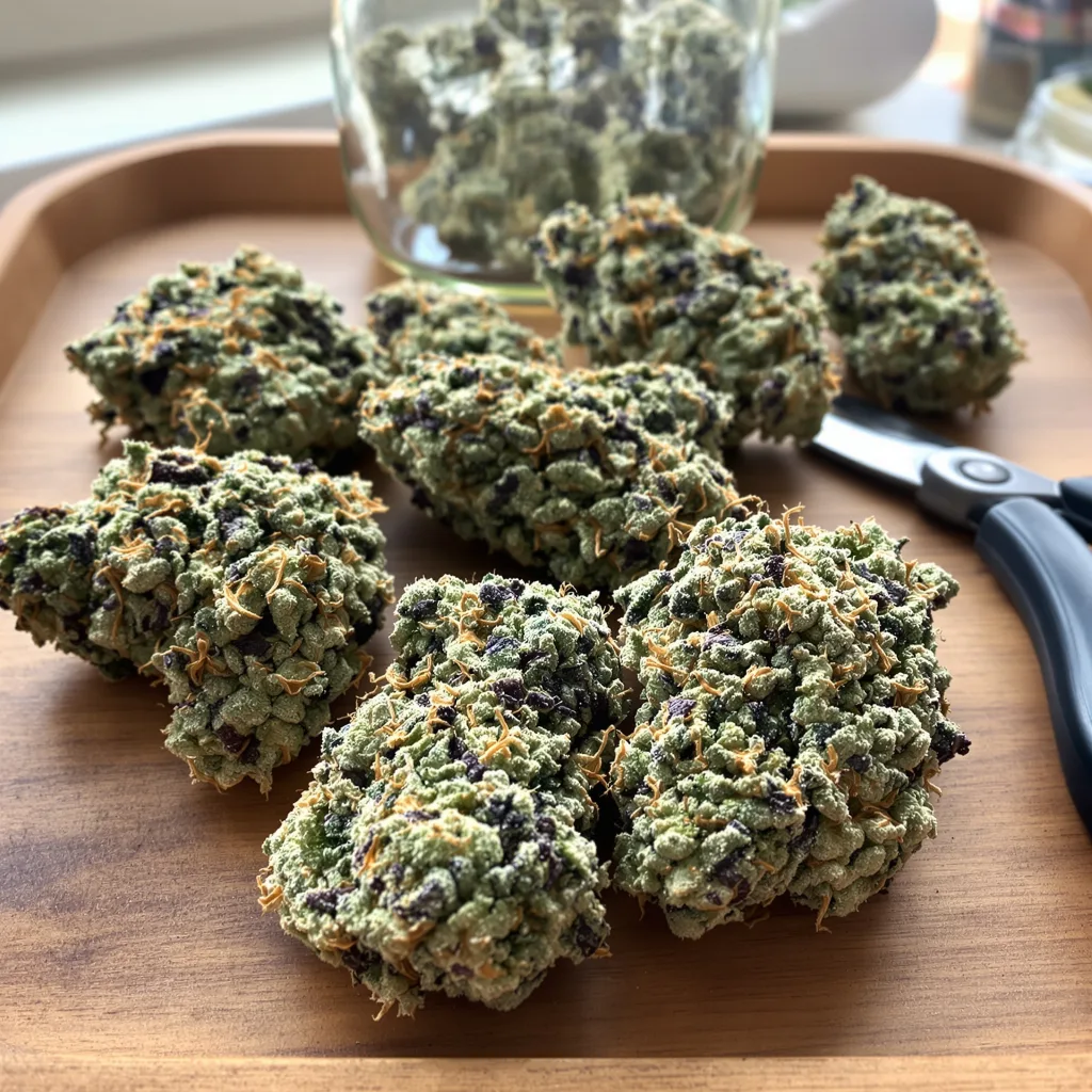 Kiss 44% indica / 56% sativa — fleur avec trichomes visibles