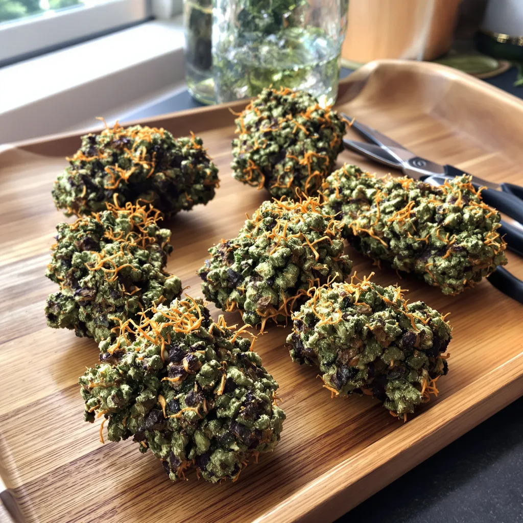 Kiwiskunk 69% indica / 31% sativa — fleur avec trichomes visibles