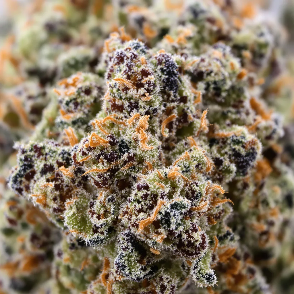 Gros plan de fleur de cannabis Kiwiskunk montrant calices denses aux reflets violets