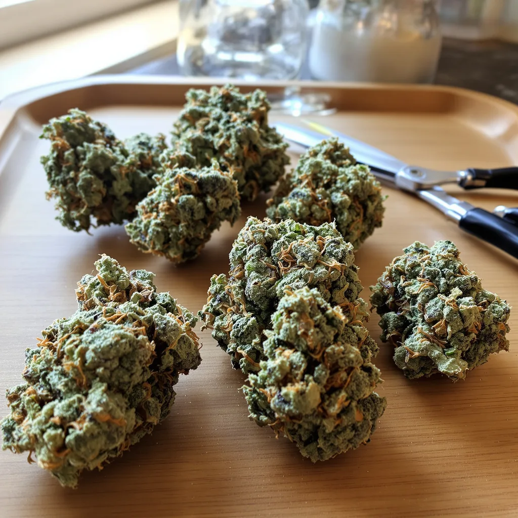 Kobain Kush 61% indica / 39% sativa — fleur avec trichomes visibles
