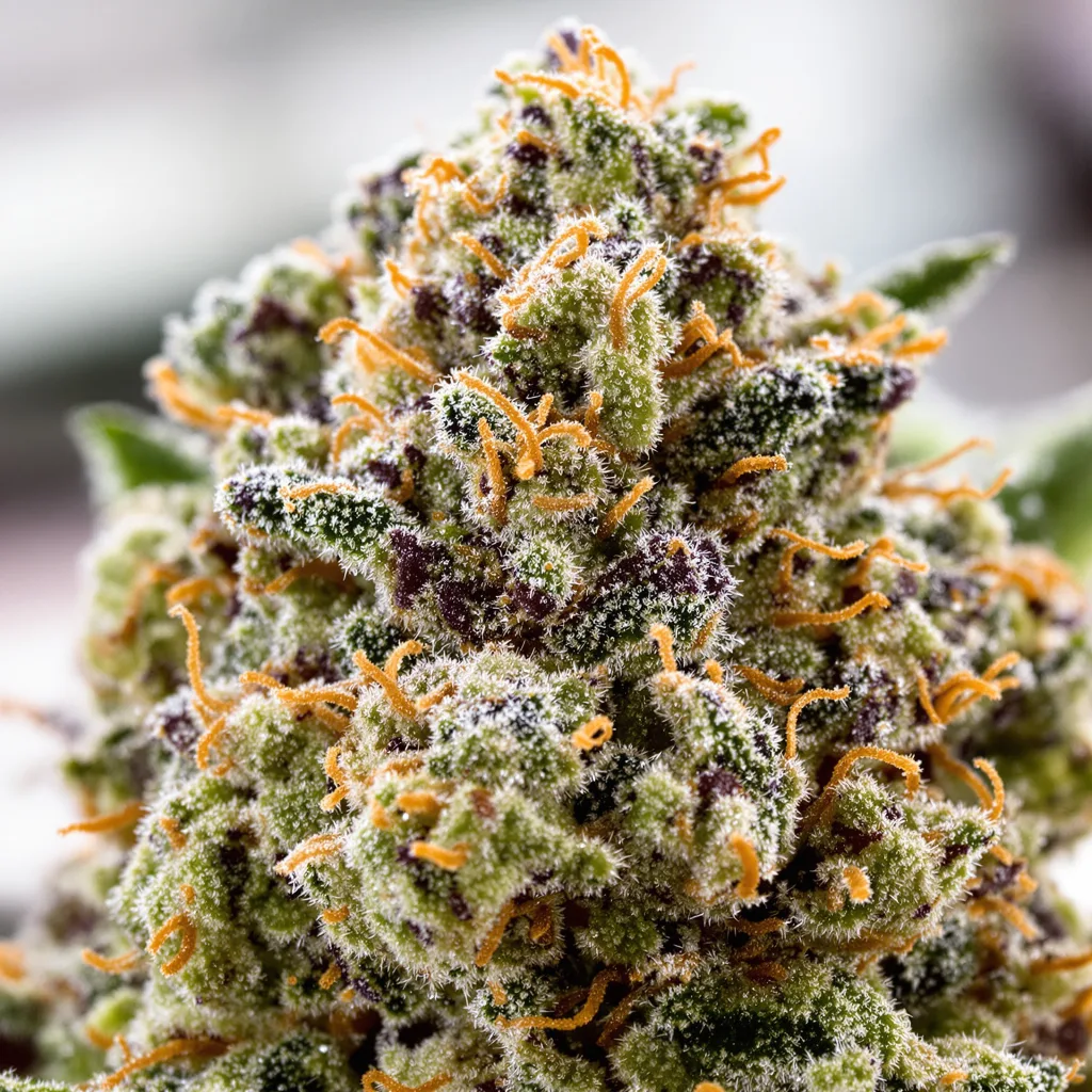Gros plan de fleur de cannabis Kobain Kush montrant nugs denses vert forêt