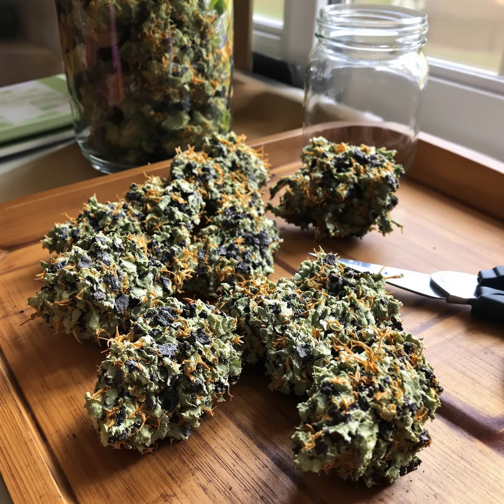 Kosher Kush 86% indica / 14% sativa — fleur avec trichomes visibles
