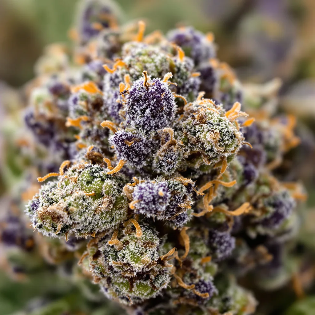 Gros plan de fleur de cannabis Kosher Kush montrant calices denses aux reflets violets