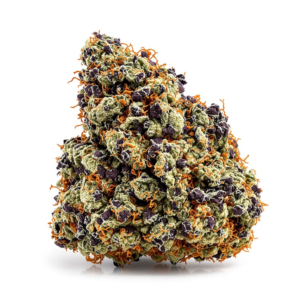 Kosher Kush 86% indica / 14% sativa — fleur avec trichomes visibles