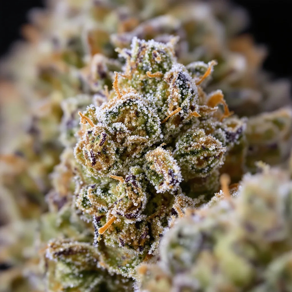 Gros plan de fleur de cannabis Kosher Tangie montrant nugs denses vert forêt