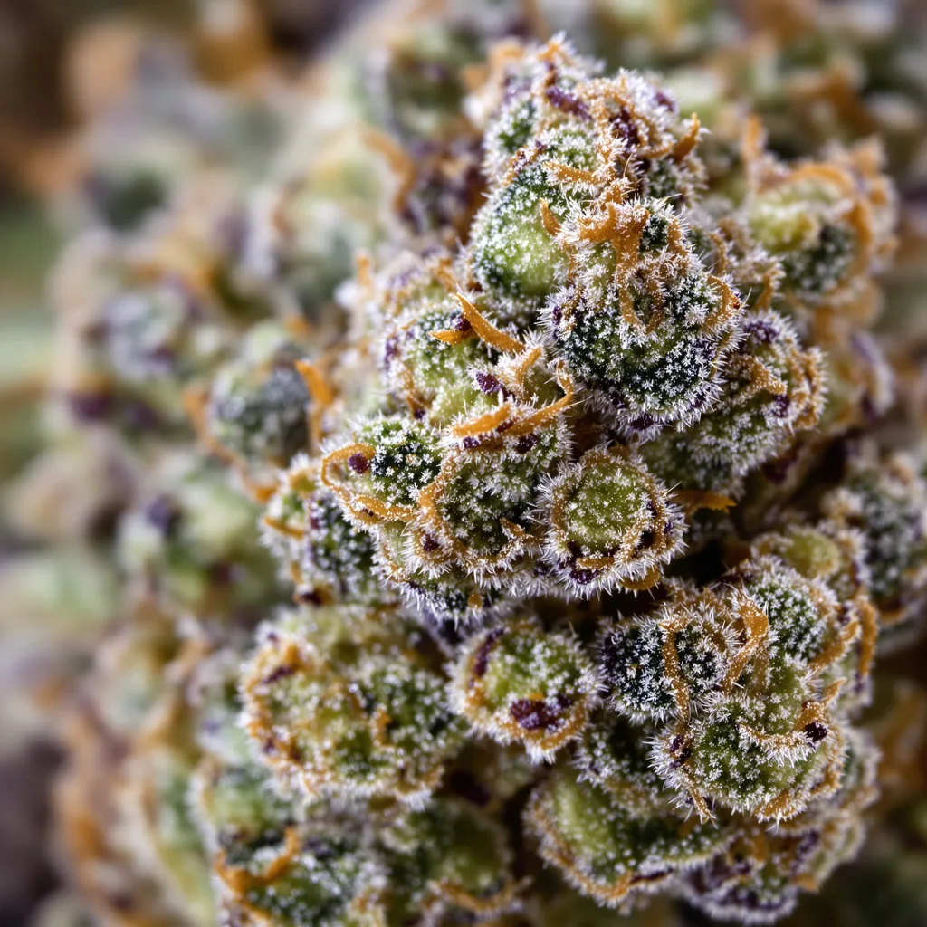 Gros plan de fleur de cannabis Kraken montrant structure équilibrée avec trichomes givrés