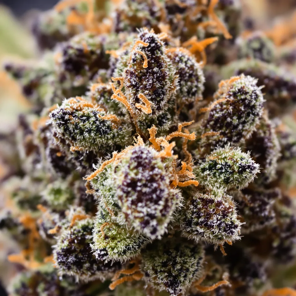 Gros plan de fleur de cannabis Kryptonite montrant calices denses aux reflets violets