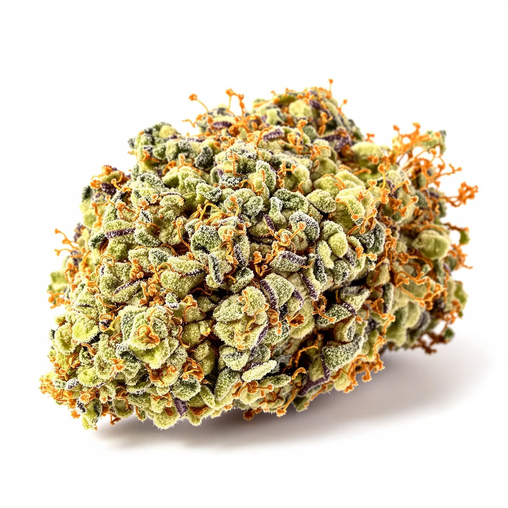 Kuchi 64% indica / 36% sativa — fleur avec trichomes visibles