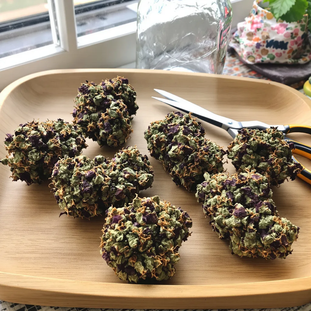 Kush Cake 84% indica / 16% sativa — fleur avec trichomes visibles