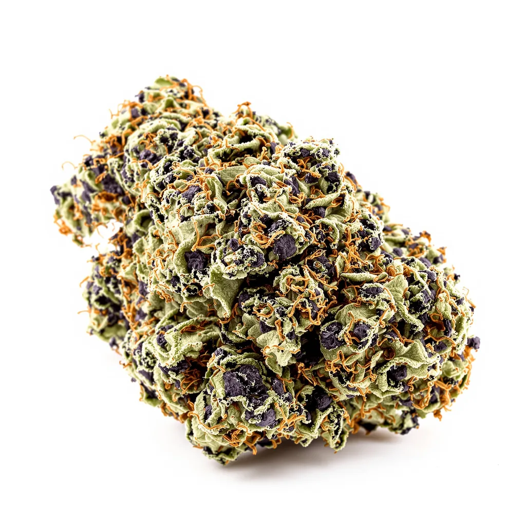 Kush Cake 84% indica / 16% sativa — fleur avec trichomes visibles