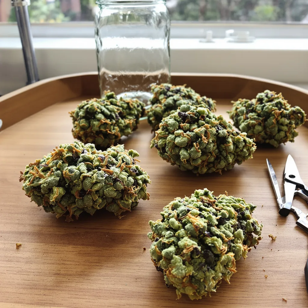 Kush Mints 50% indica / 50% sativa — fleur avec trichomes visibles