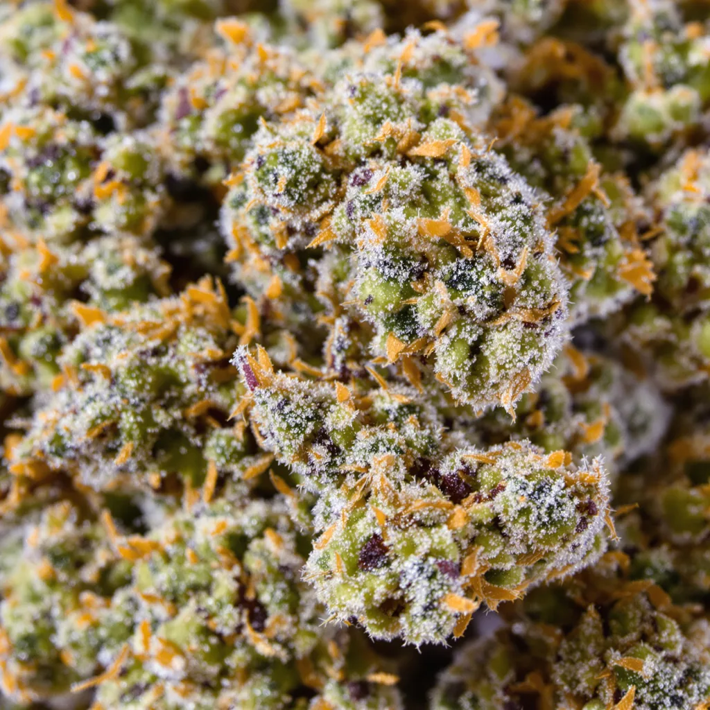 Gros plan de fleur de cannabis Kush Mints montrant structure équilibrée avec trichomes givrés