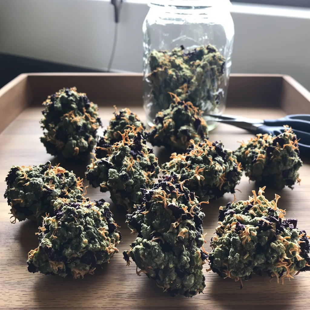 Kush XL 68% indica / 32% sativa — fleur avec trichomes visibles