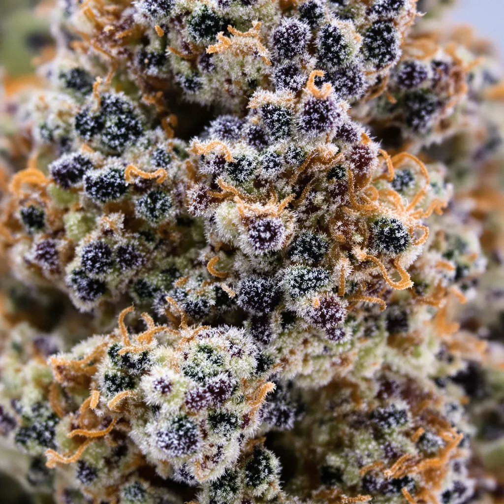 Gros plan de fleur de cannabis Kush XL montrant calices denses aux reflets violets