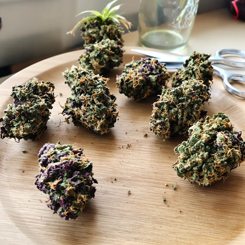 Kush XL 68% indica / 32% sativa — fleur avec trichomes visibles