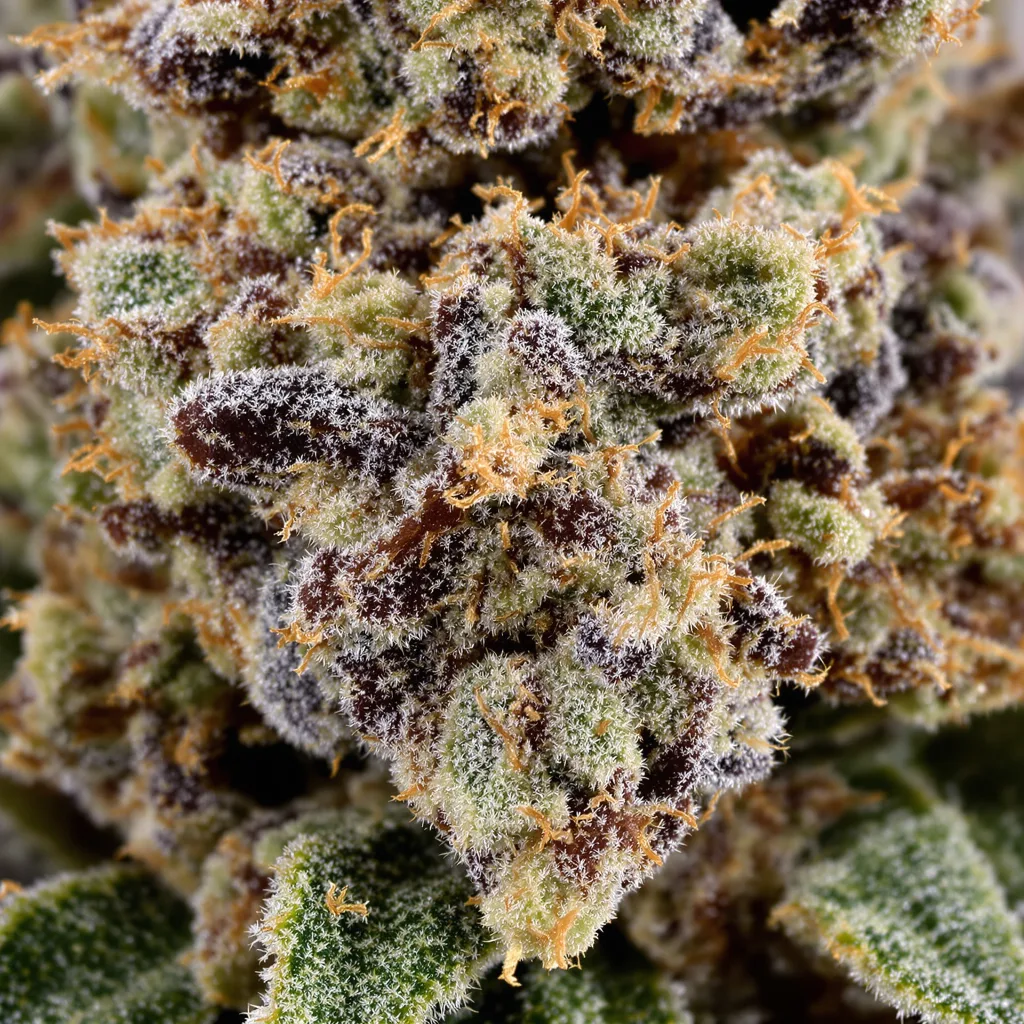Gros plan de fleur de cannabis Kush XL montrant calices denses aux reflets violets