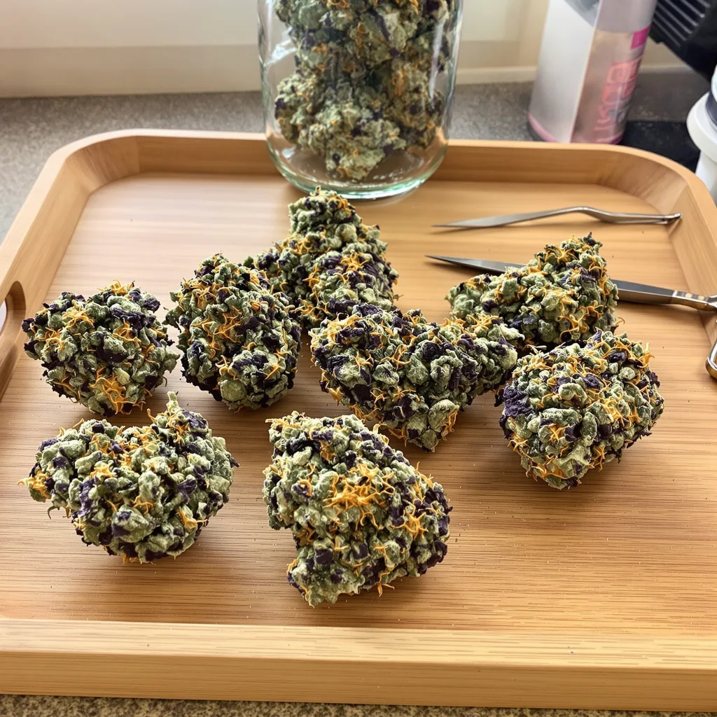 Kushberry 75% indica / 25% sativa — fleur avec trichomes visibles