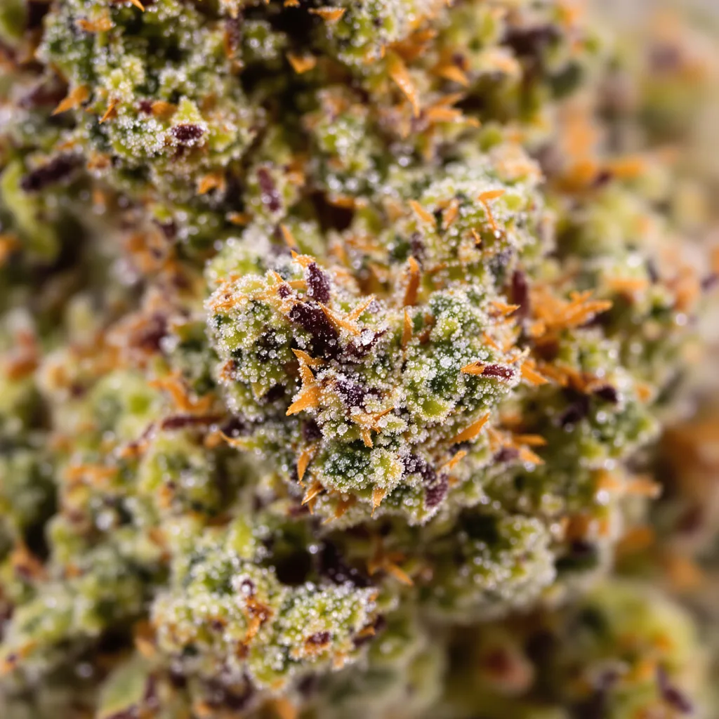 Gros plan de fleur de cannabis L.A. Sunshine montrant nugs denses vert forêt