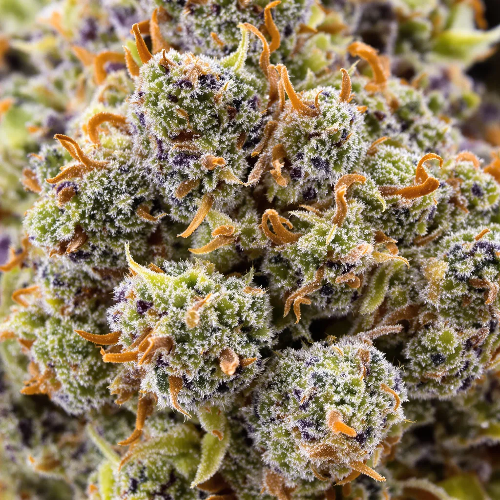 Gros plan de fleur de cannabis L.A. Sunshine montrant nugs denses vert forêt