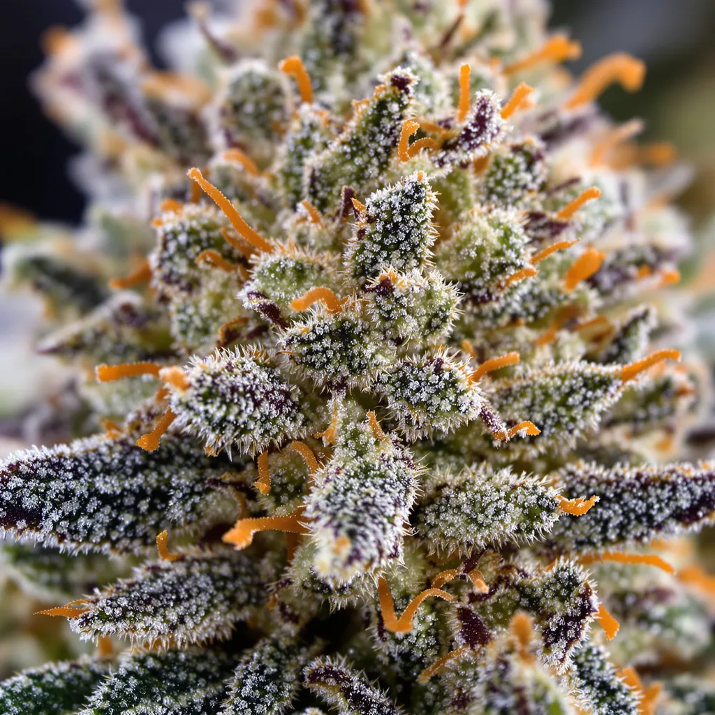 Gros plan de fleur de cannabis LA Confidential montrant structure équilibrée avec trichomes givrés