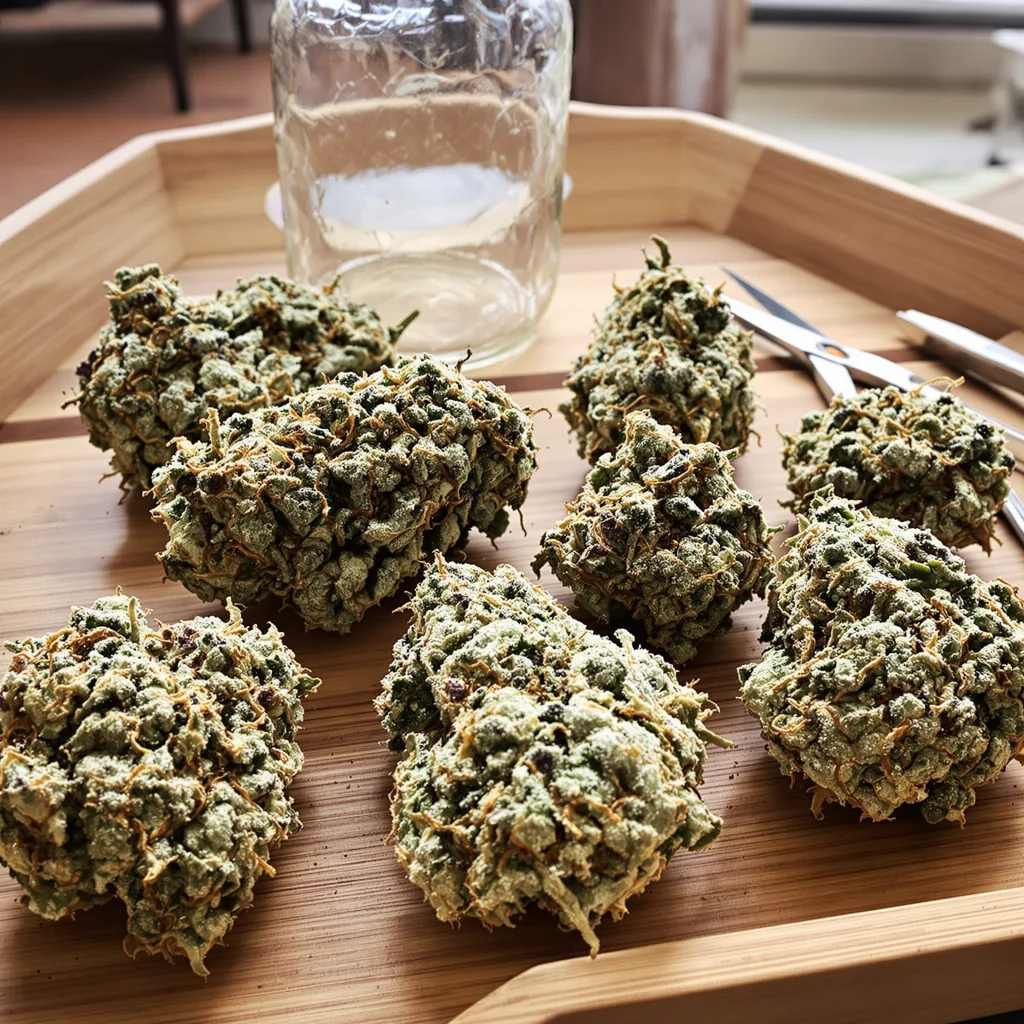 LA Confidential 50% indica / 50% sativa — fleur avec trichomes visibles