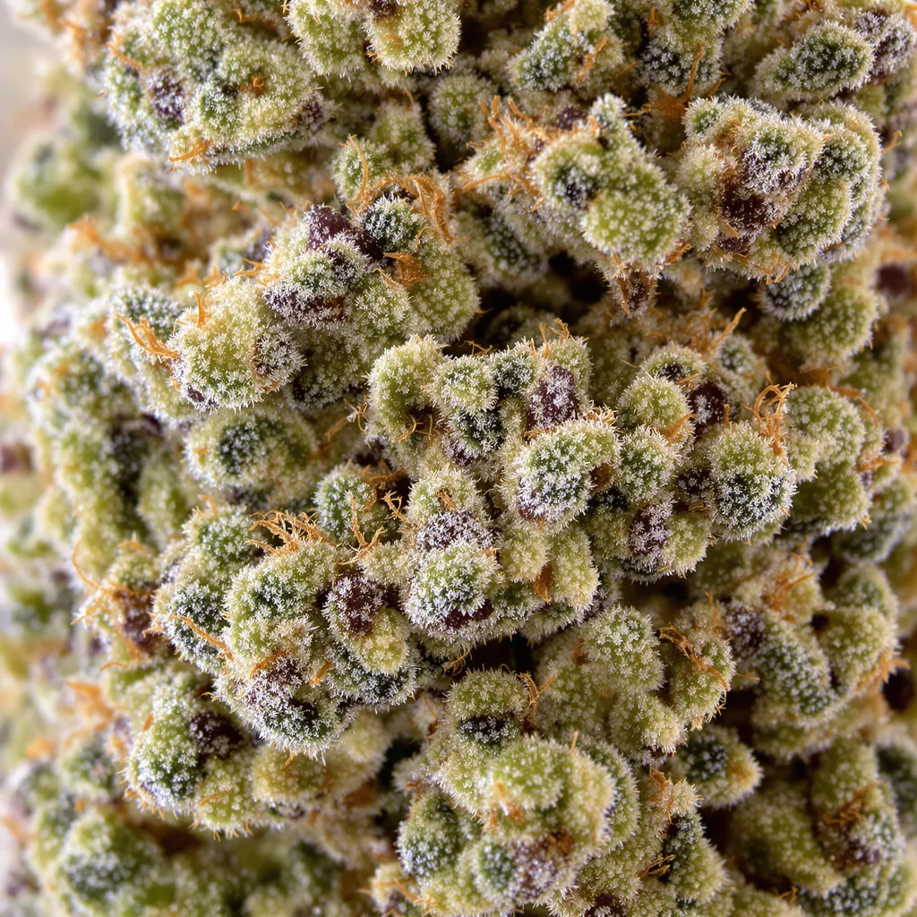 Gros plan de fleur de cannabis LA Confidential montrant structure équilibrée avec trichomes givrés