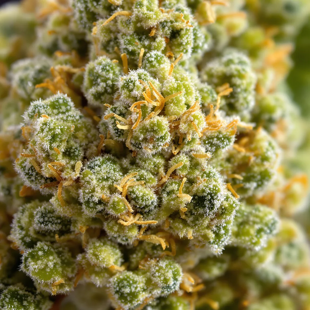 Gros plan de fleur de cannabis Lamb's Bread montrant structure aérée vert lime