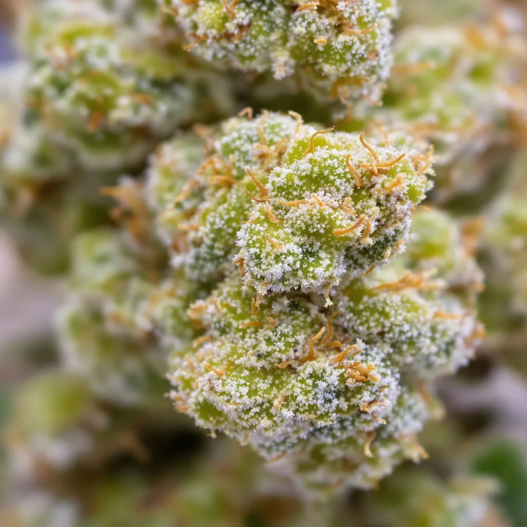 Gros plan de fleur de cannabis Lambo montrant structure aérée vert lime