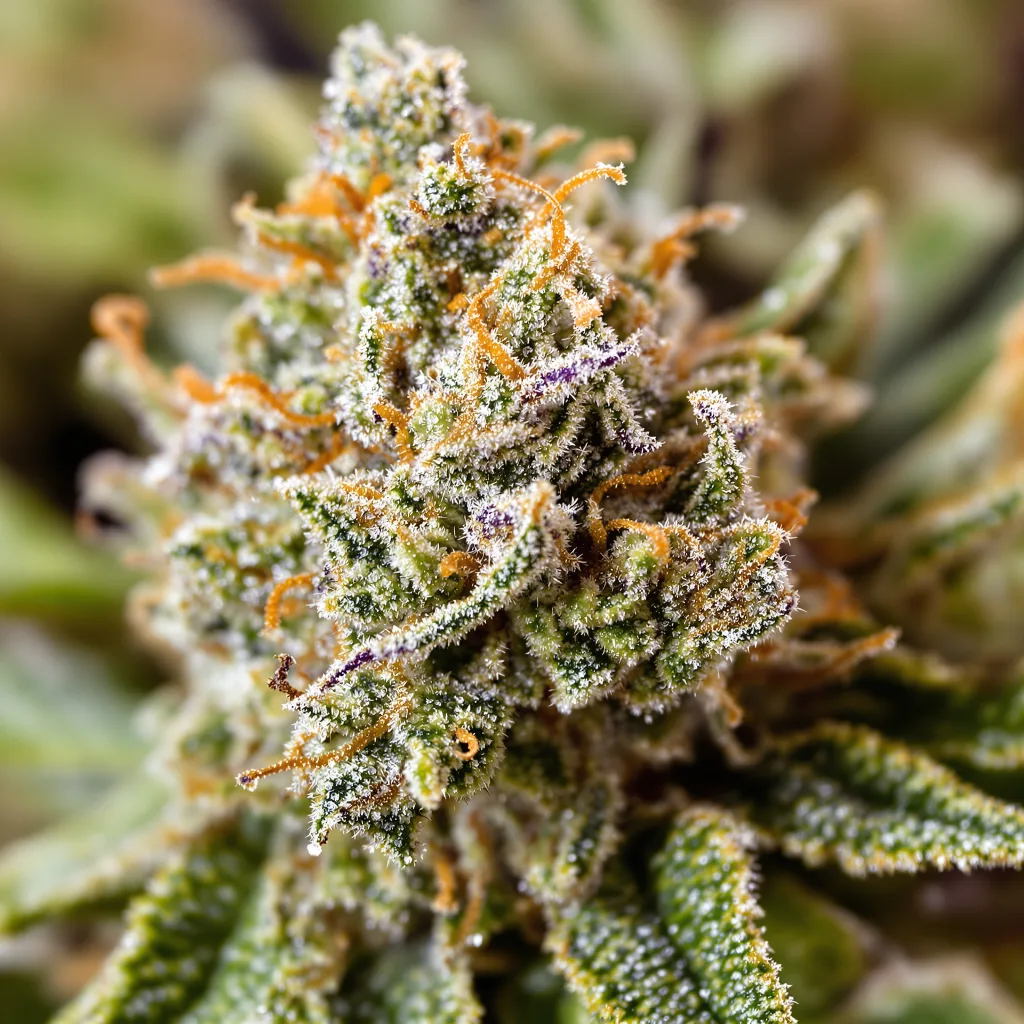 Gros plan de fleur de cannabis Lamborghini montrant structure équilibrée avec trichomes givrés