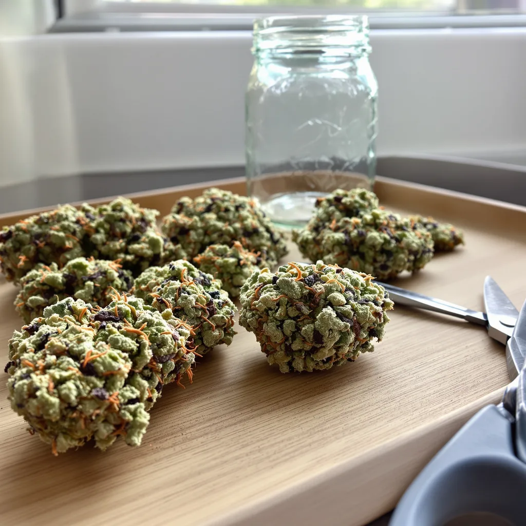 Larry OG 56% indica / 44% sativa — fleur avec trichomes visibles