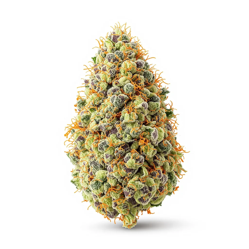Larry OG 56% indica / 44% sativa — fleur avec trichomes visibles