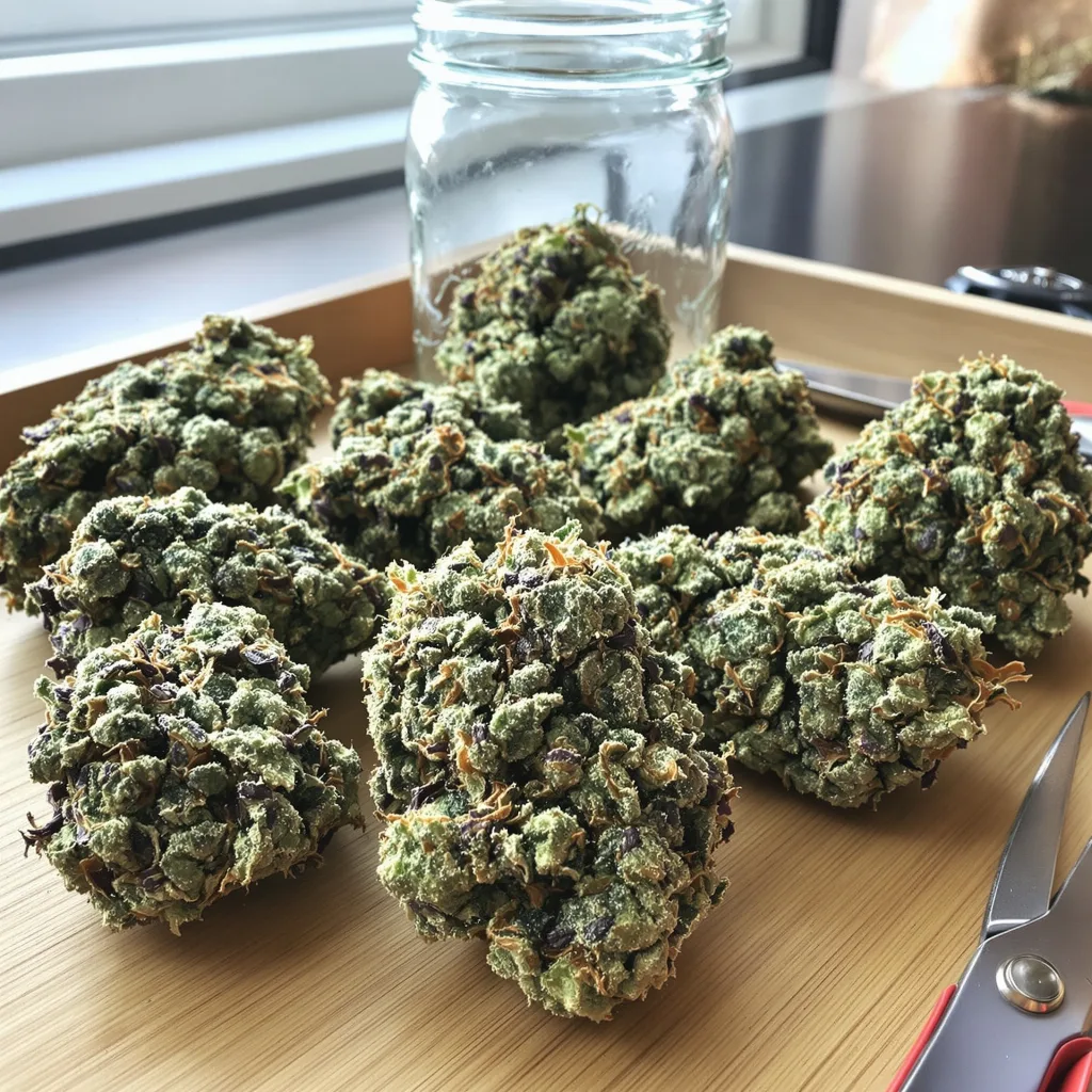 Larry OG 56% indica / 44% sativa — fleur avec trichomes visibles