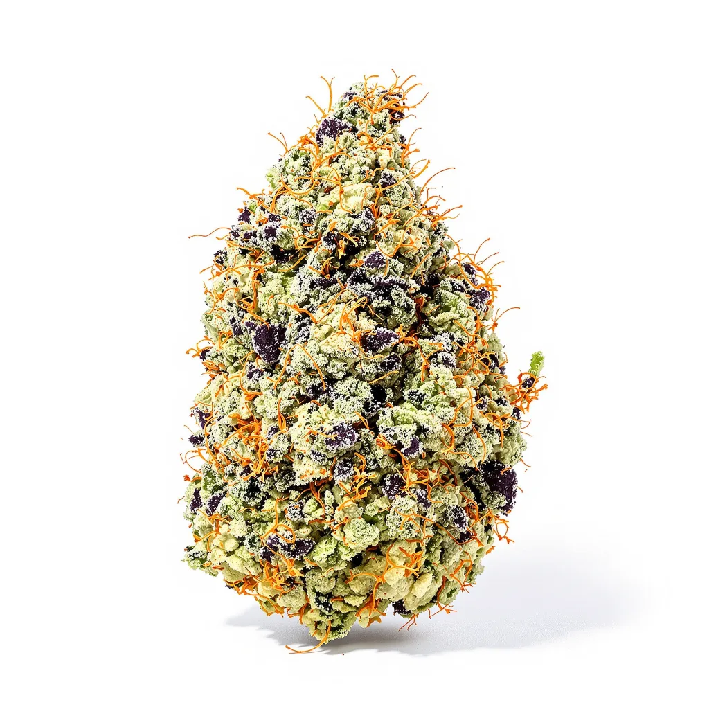 Larry OG 56% indica / 44% sativa — fleur avec trichomes visibles