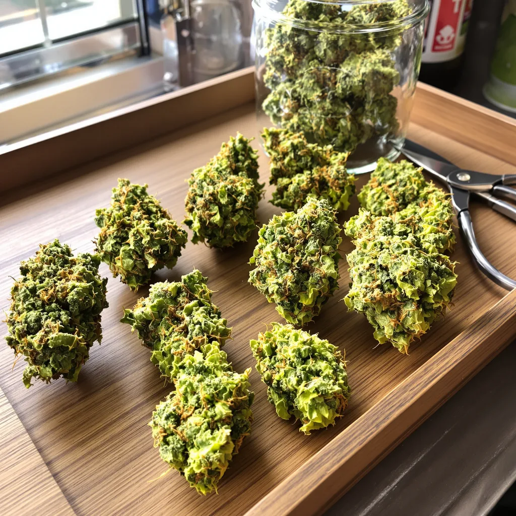 Laughing Buddha 20% indica / 80% sativa — fleur avec trichomes visibles