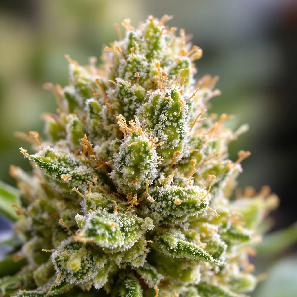 Gros plan de fleur de cannabis Laughing Buddha montrant structure aérée vert lime