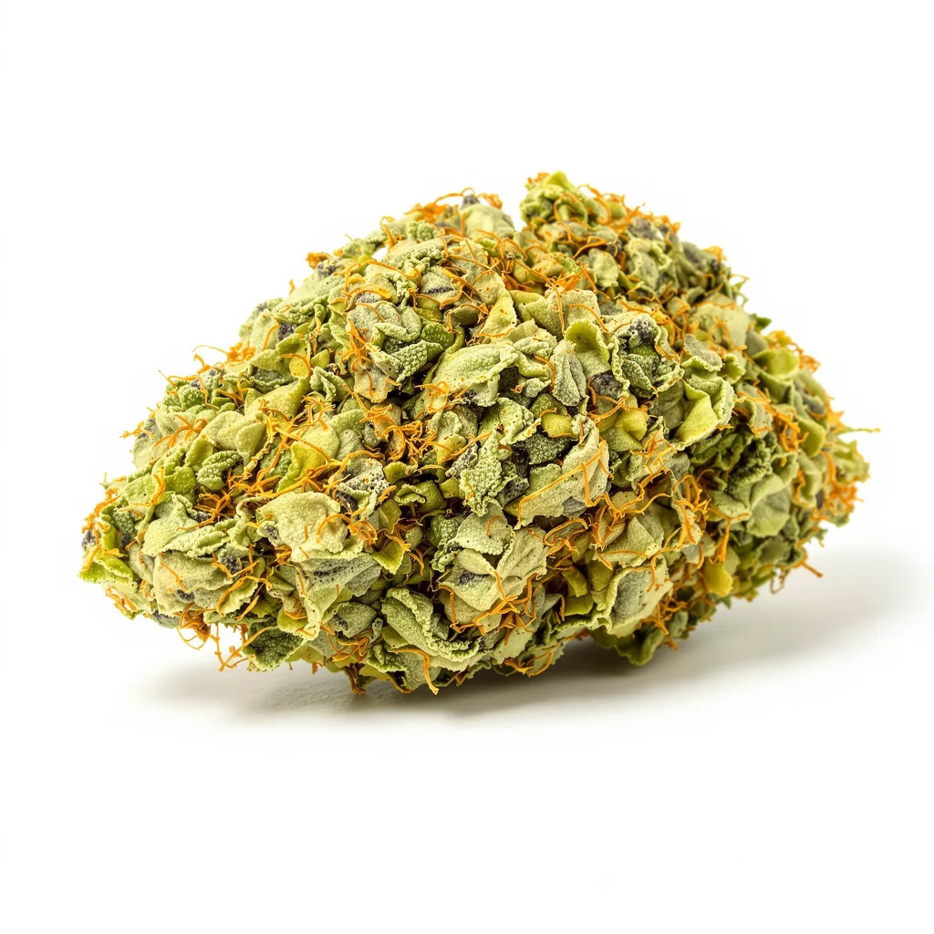 Laughing Buddha 20% indica / 80% sativa — fleur avec trichomes visibles