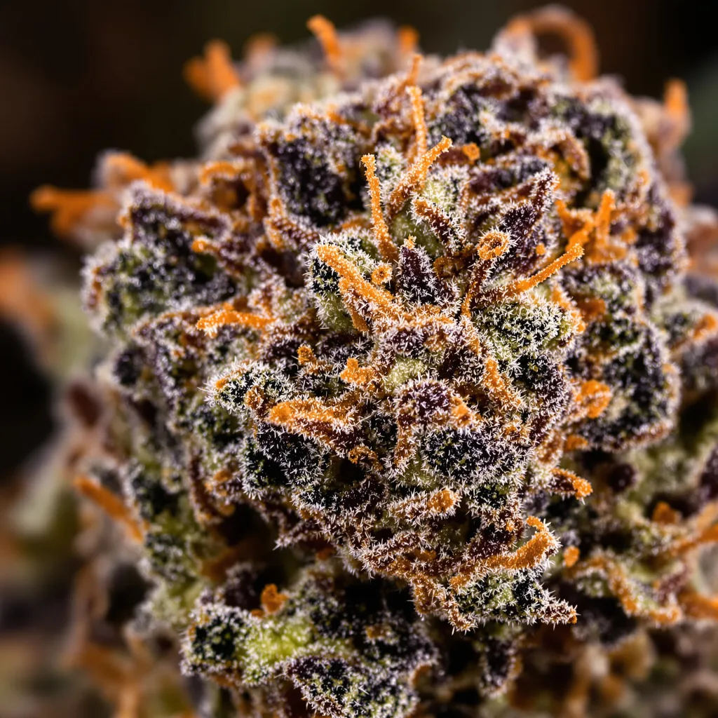 Gros plan de fleur de cannabis Lava Cake montrant calices denses aux reflets violets