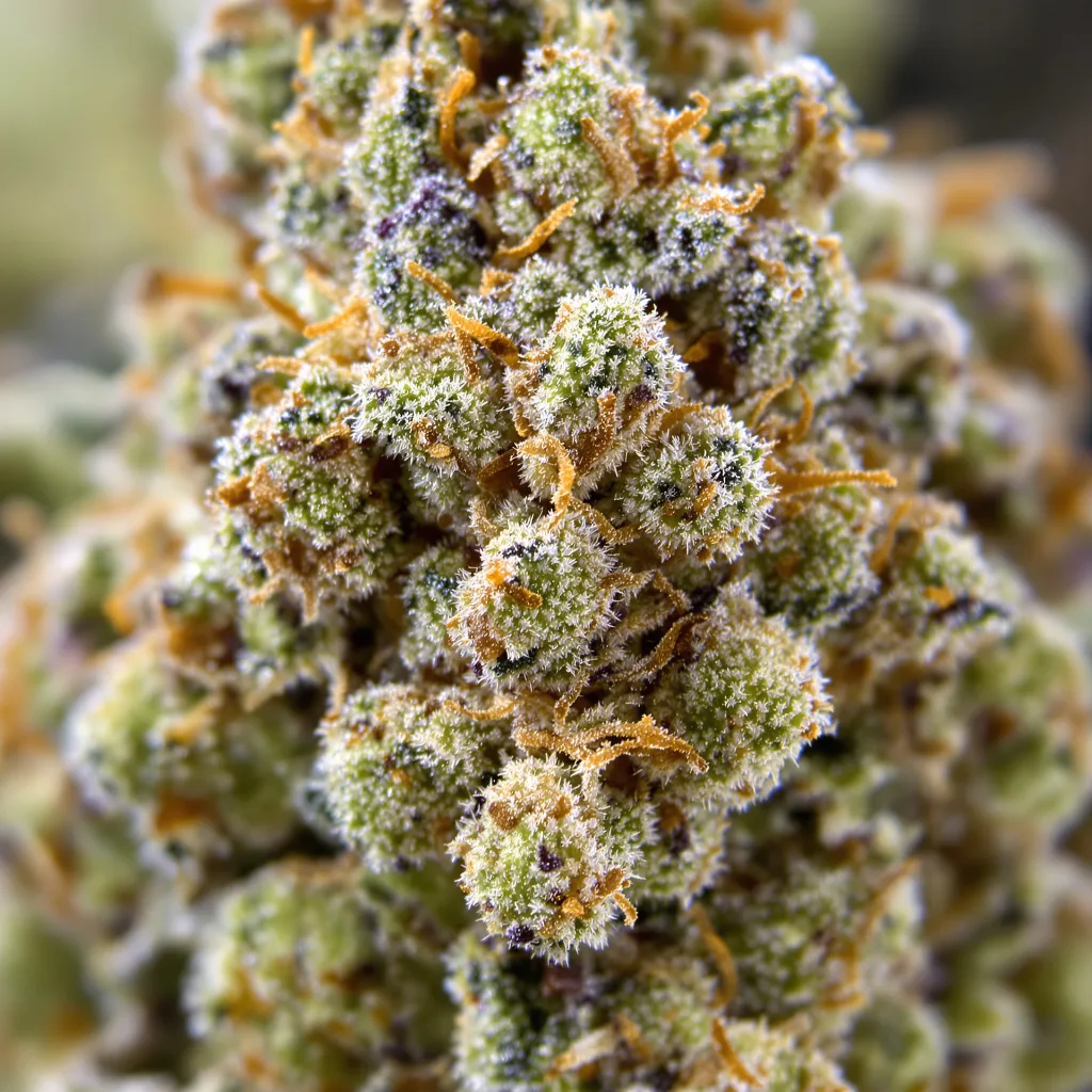 Gros plan de fleur de cannabis Lavender montrant structure équilibrée avec trichomes givrés