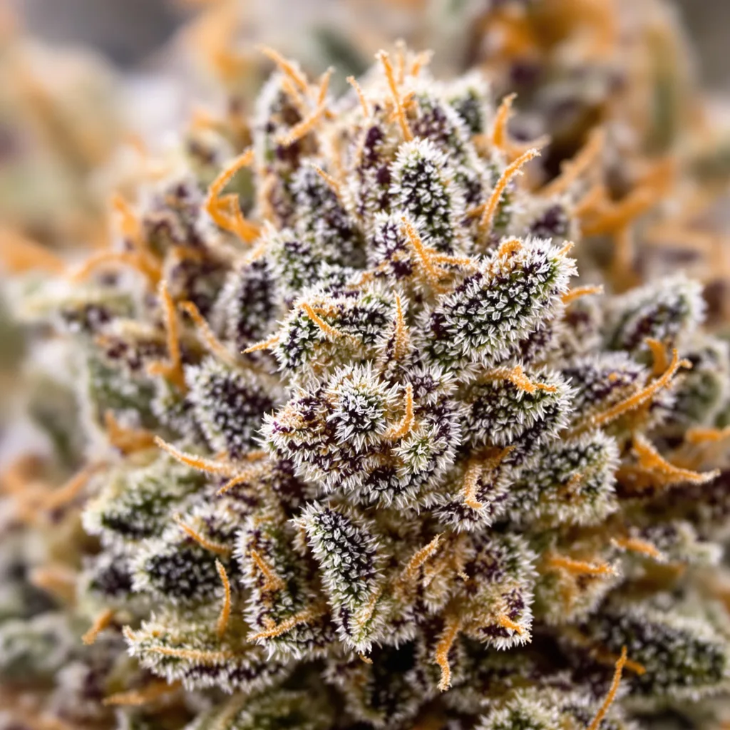 Gros plan de fleur de cannabis Lavender Jones montrant calices denses aux reflets violets
