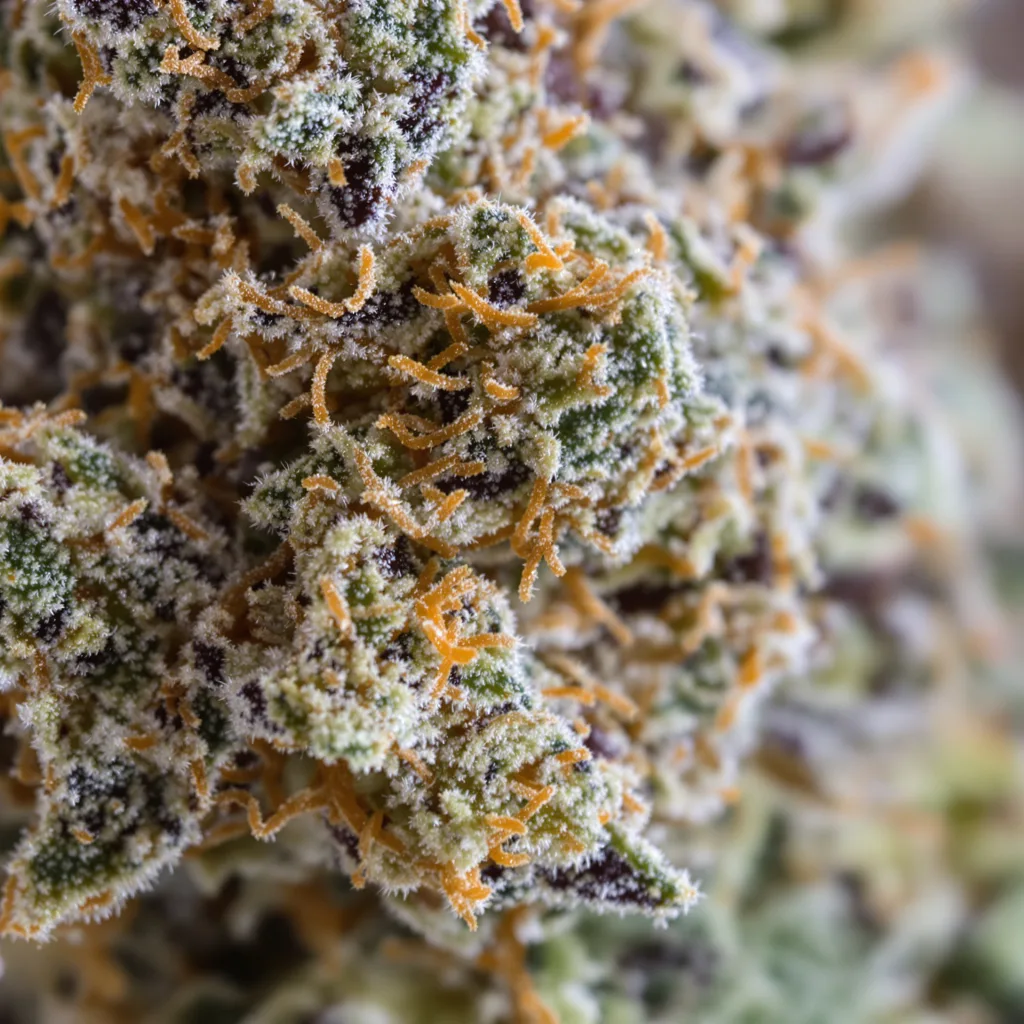 Gros plan de fleur de cannabis Lavender Jones montrant calices denses aux reflets violets