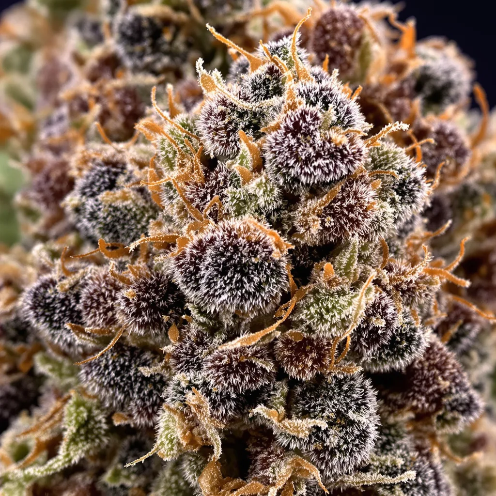 Gros plan de fleur de cannabis Lee Roy montrant calices denses aux reflets violets