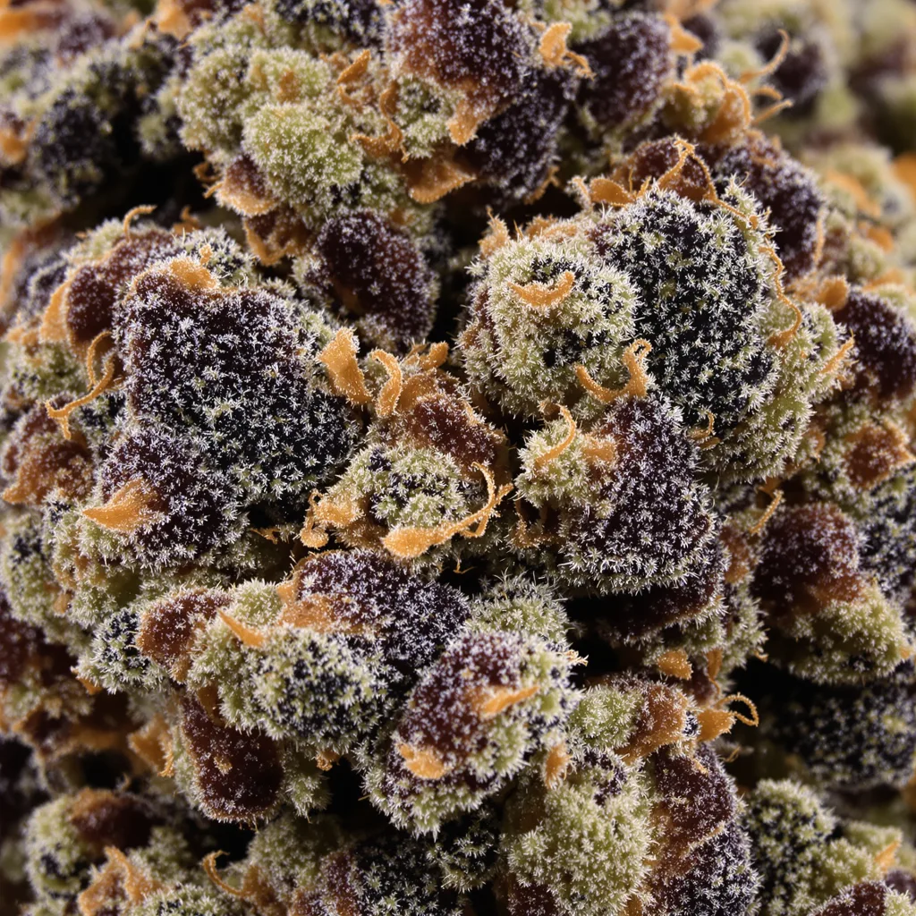 Gros plan de fleur de cannabis Lee Roy montrant calices denses aux reflets violets