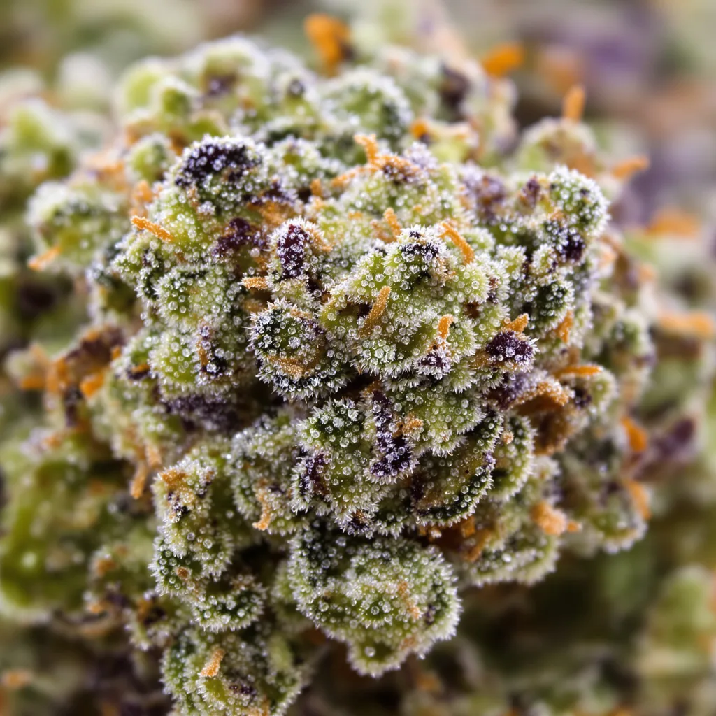 Gros plan de fleur de cannabis Lemon montrant structure équilibrée avec trichomes givrés