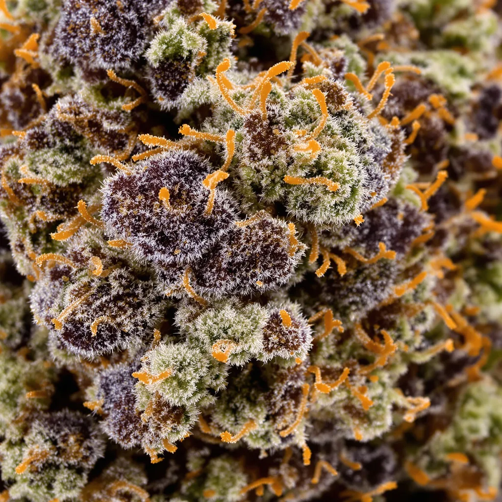 Gros plan de fleur de cannabis Lemon Crush montrant calices denses aux reflets violets